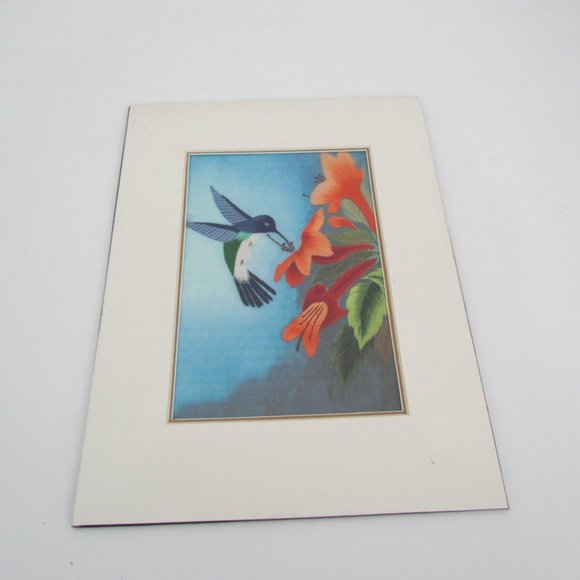 Embroidered Blue head Hummingbird eating Nectar from Orange Flowers Wall Art - Picture 3 of 5